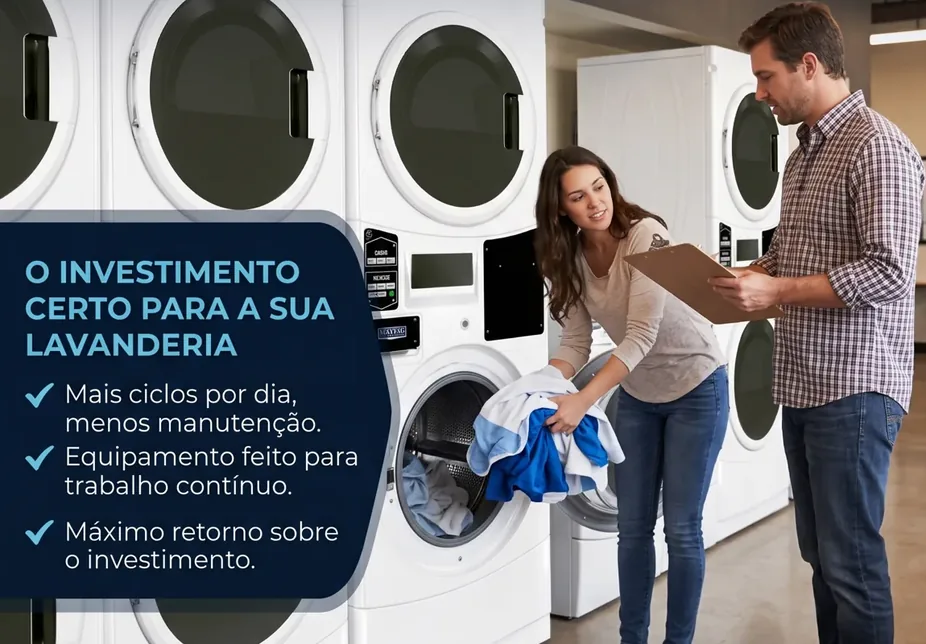 Equipe conferindo o enxoval ao lado de lavadoras industriais