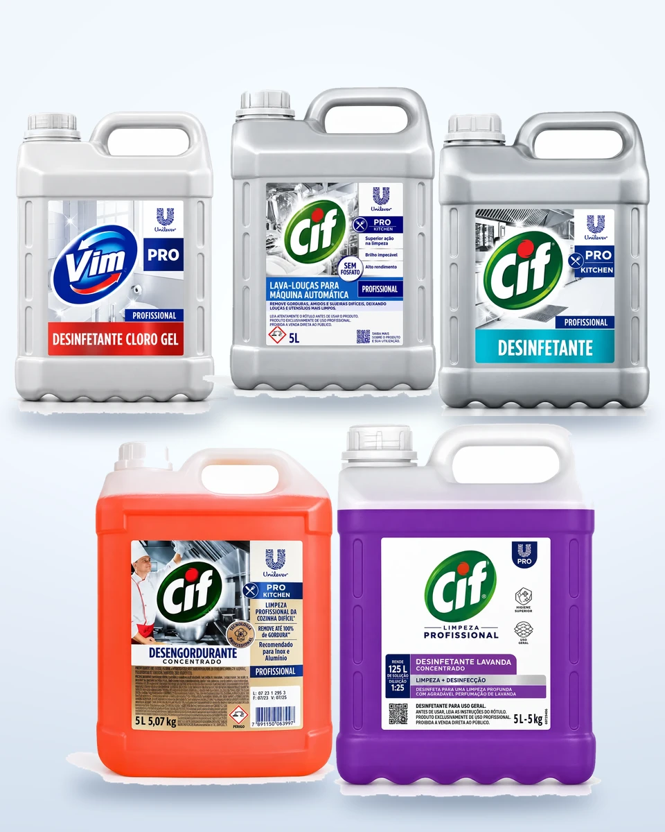Galões Unilever PRO: Vim desinfetante cloro gel, Cif lava-louças, Cif desinfetante, Cif desengordurante e Cif desinfetante lavanda
