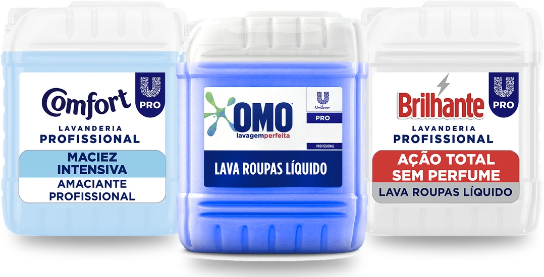 Galões Unilever PRO de Comfort amaciante profissional, Omo lava roupas líquido e Brilhante lava roupas líquido